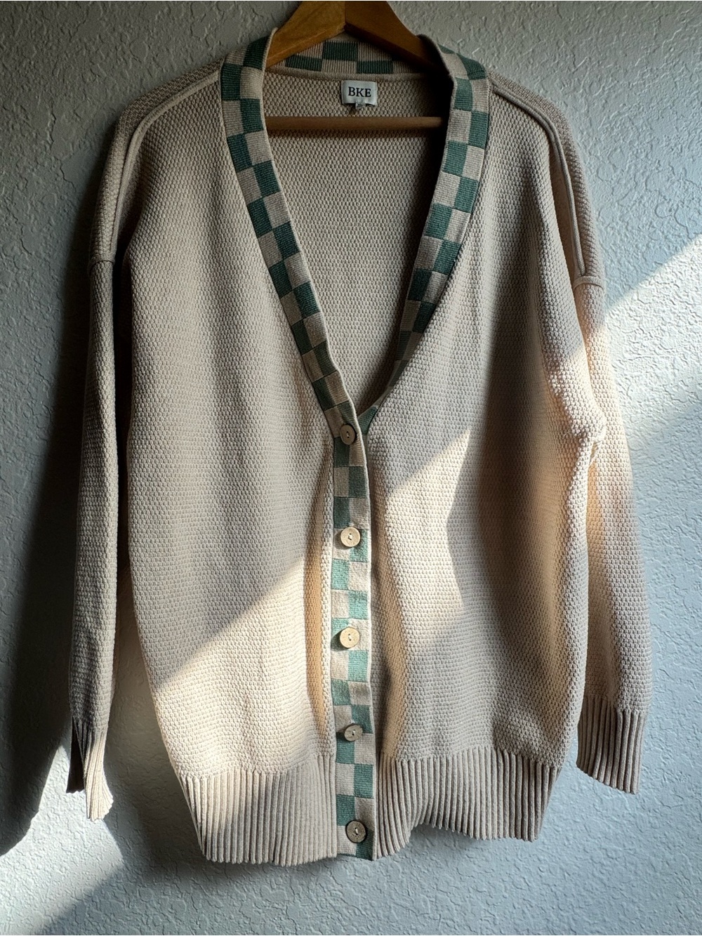 BKE Cream Knit Checker Trim Cardigan Sweater Size XL